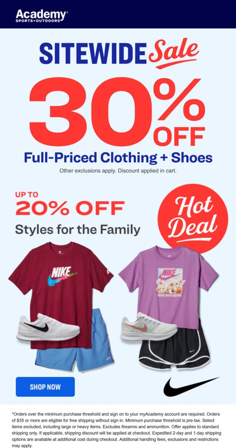 30% off shoes & apparel online at Academy sports + outdoors