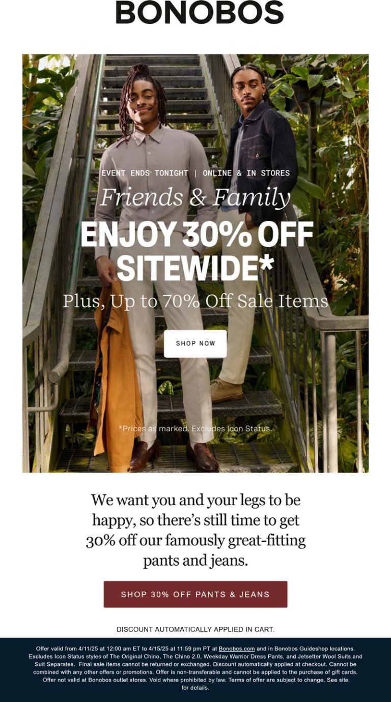 30% off everything today at Bonobos, ditto online