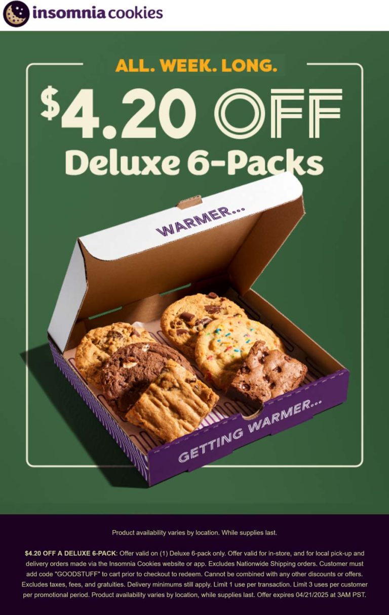 $4.20 off 6-packs at Insomnia Cookies via promo code GOODSTUFF