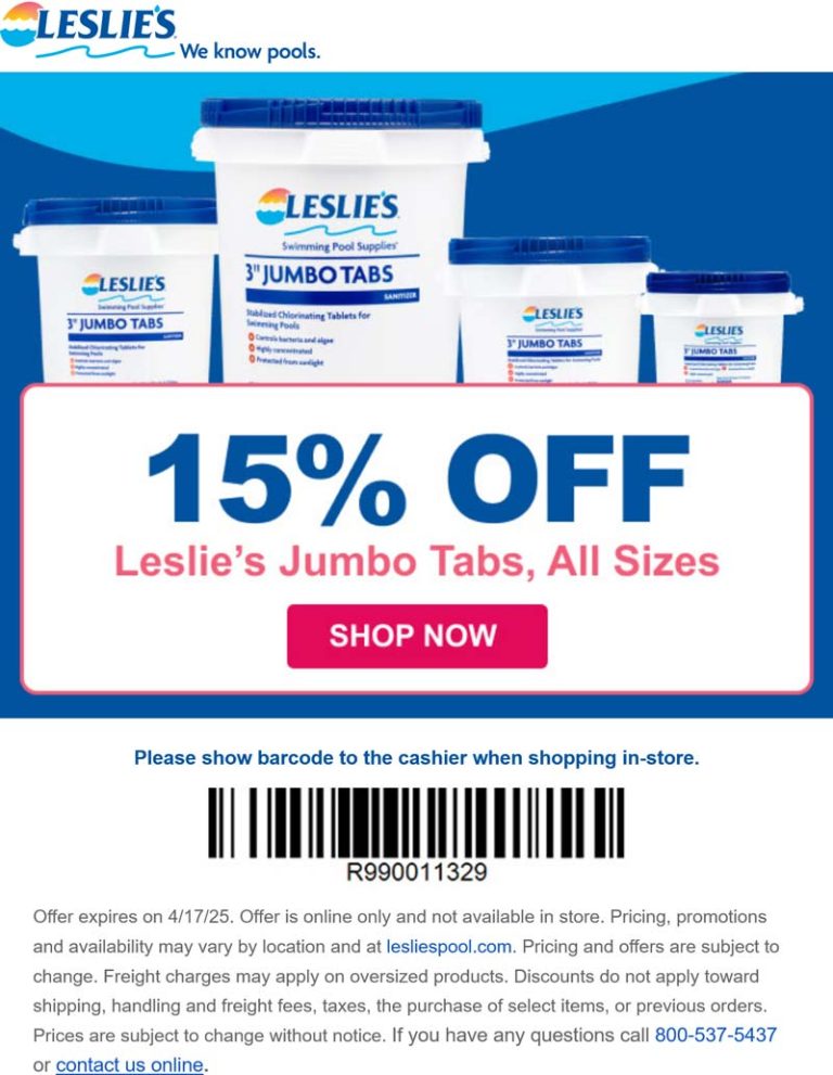 15% off chlorine tabs at Leslies pool supplies