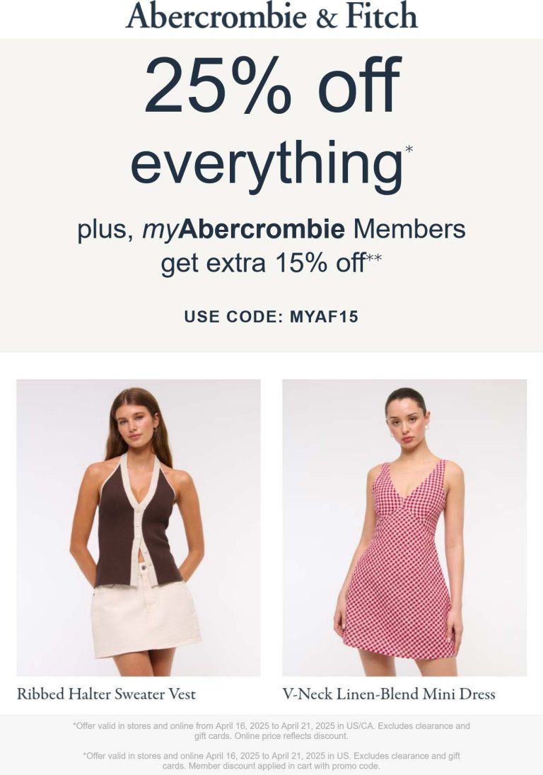 Abercrombie & Fitch coupon: 25% off at Abercrombie & Fitch via promo code MYAF15