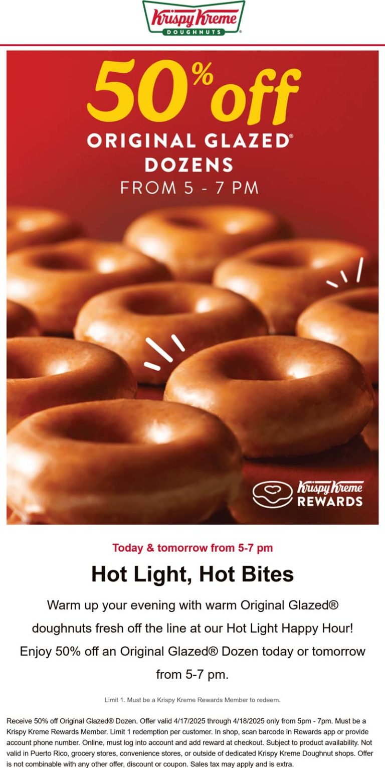 50% off glazed dozens 5-7p at Krispy Kreme