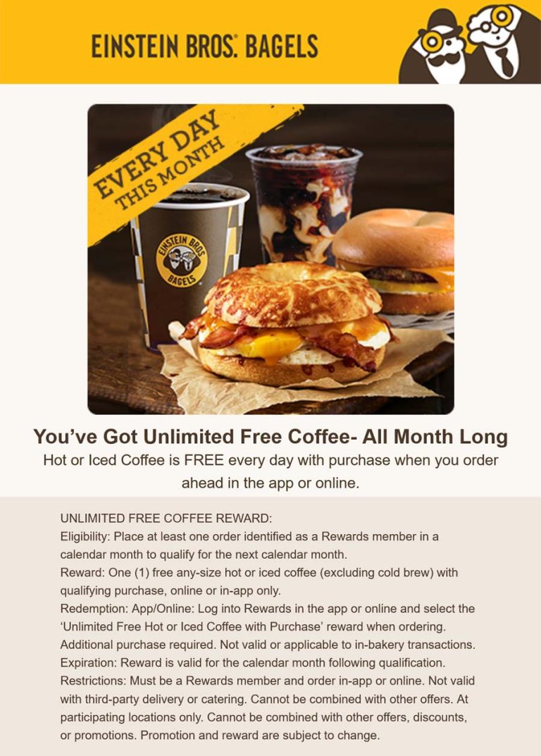 Free coffee with your online order all month at Einstein Bros Bagels