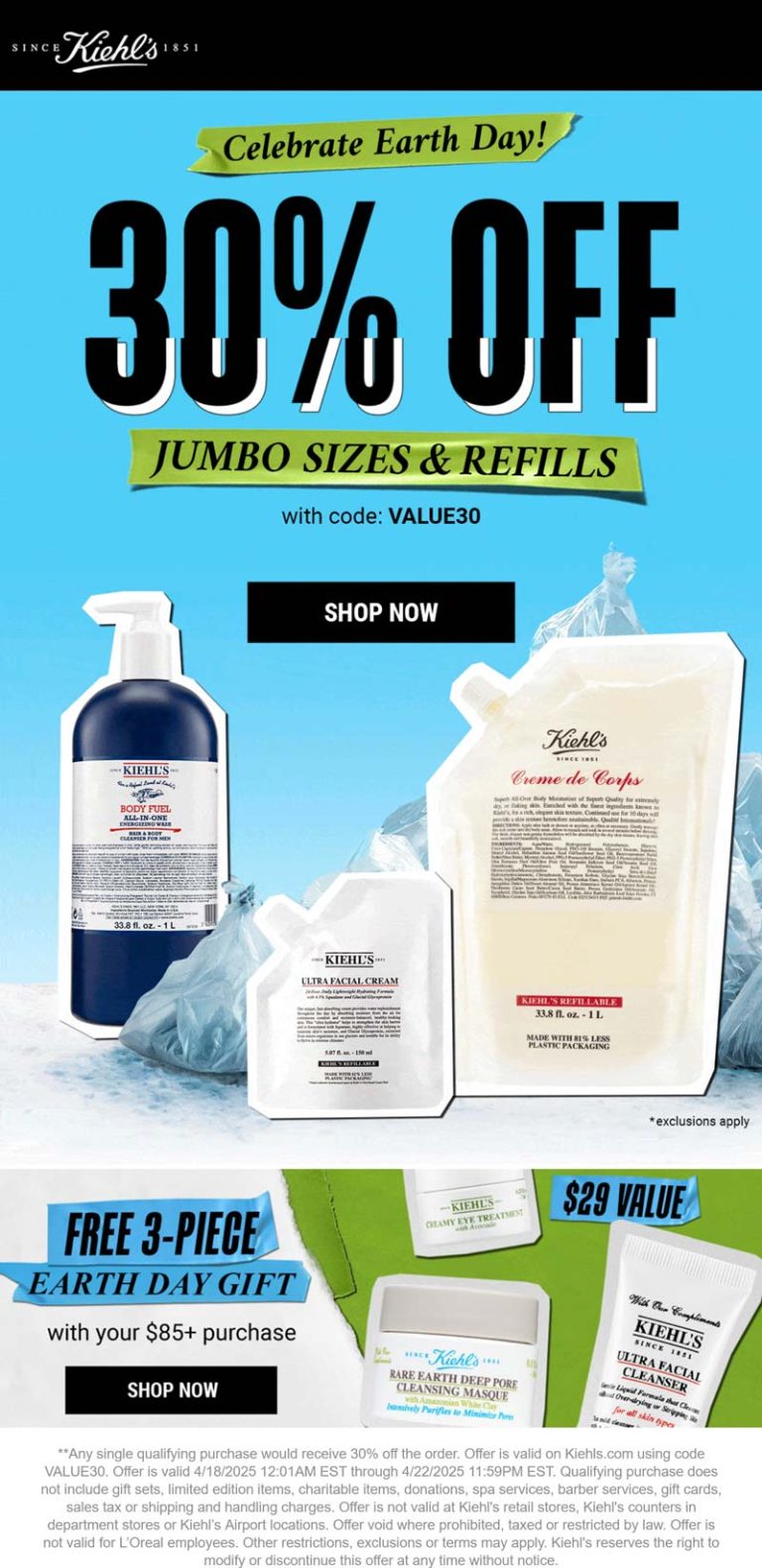 30% off jumbo sizes & refills + free 3pc on $85 at Kiehls via promo code VALUE30