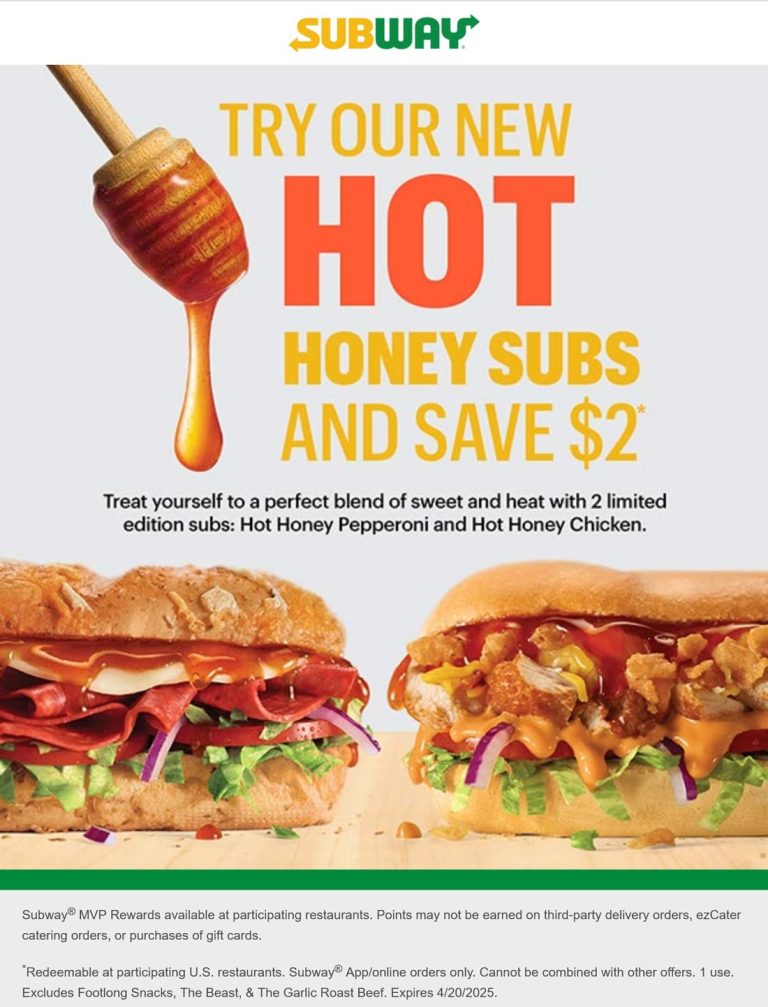 $2 off hot honey sub sandwich via mobile at Subway