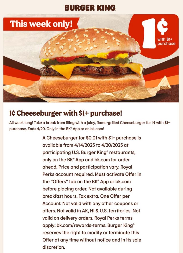 Free cheeseburger on $1 today at Burger King