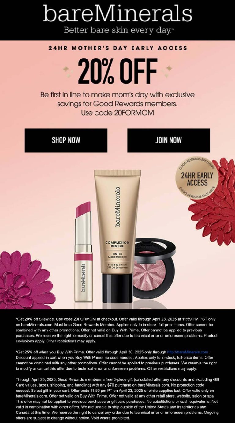 20% off everything online today at bareMinerals via promo code 20FORMOM