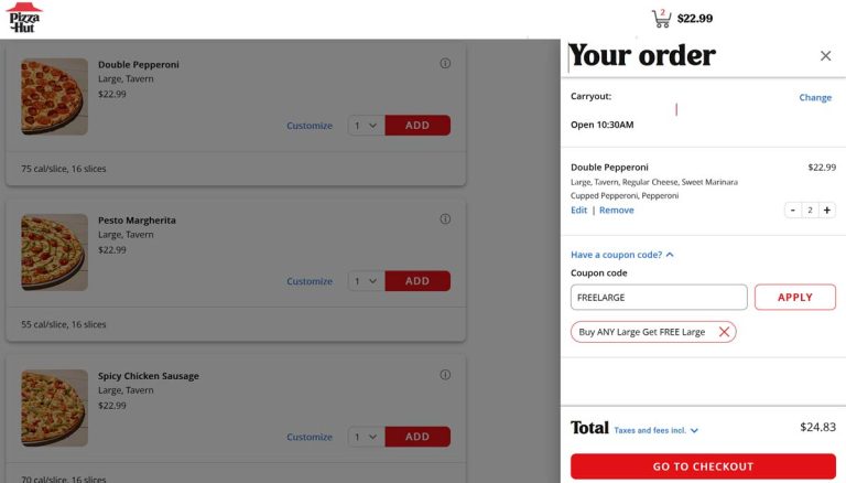 Second large pizza free at Pizza Hut via promo code FREELARGE