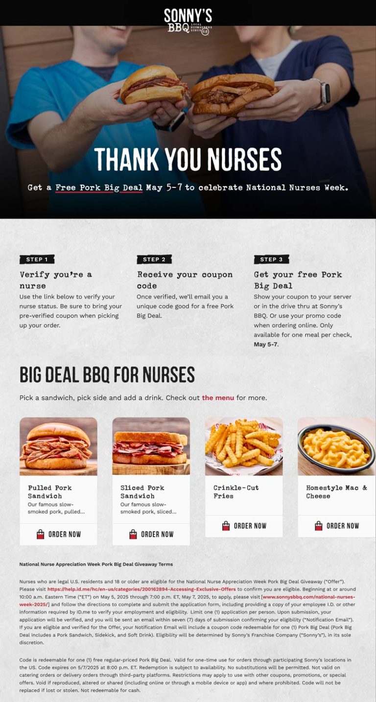 Nurses enjoy a free pork big deal meal the 5-7th at Sonnys BBQ