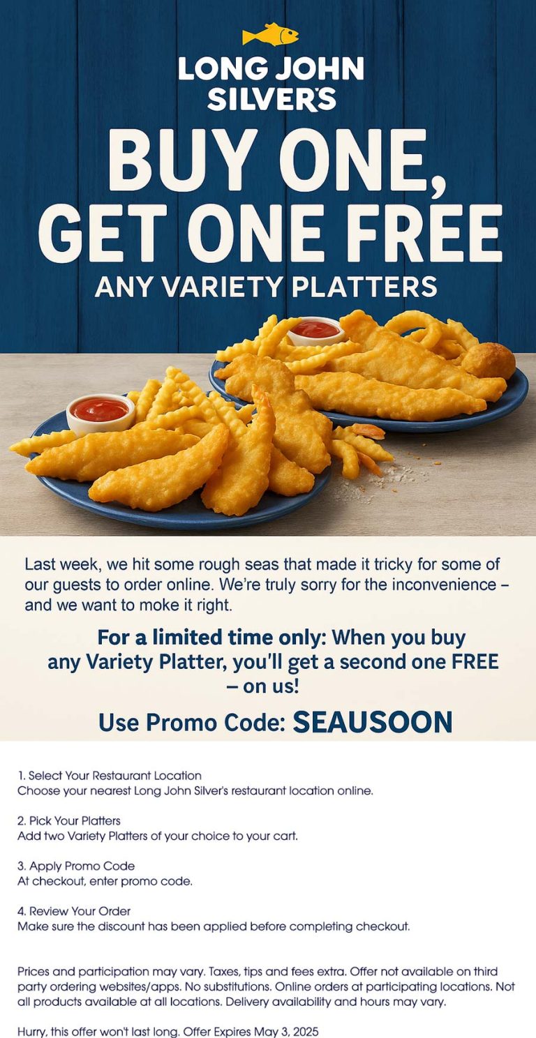 Second variety platter free online at Long John Silvers restaurants via promo code SEAUSOON