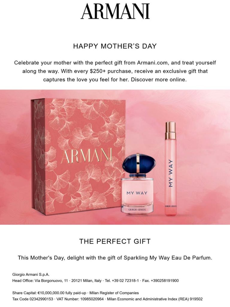Free gift on every $250 at Armani