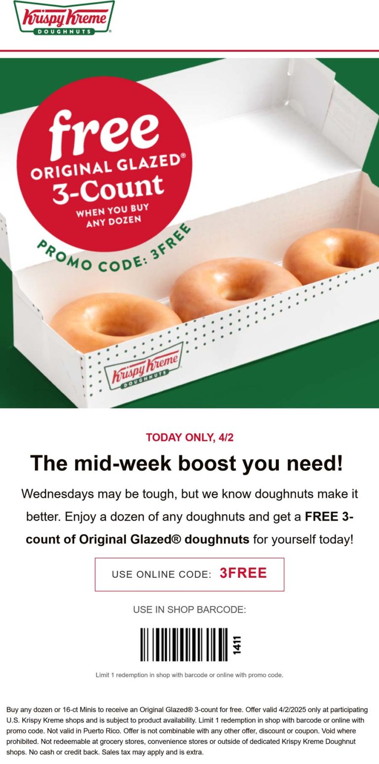 3 free doughnuts with your dozen today at Krispy Kreme via promo code 3FREE