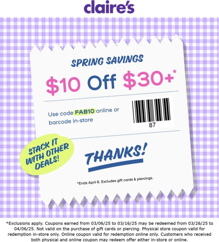 $10 off $30 at Claires, or online via promo code FAB10