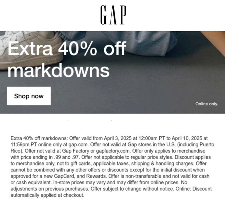 Extra 40% off sale items online at Gap