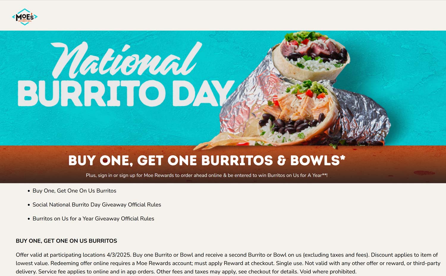 Second burrito free today at Moes Southwest Grill #moessouthwestgrill ...
