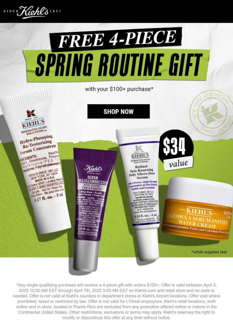 Free 4pc set on $100+ today at Kiehls, ditto online