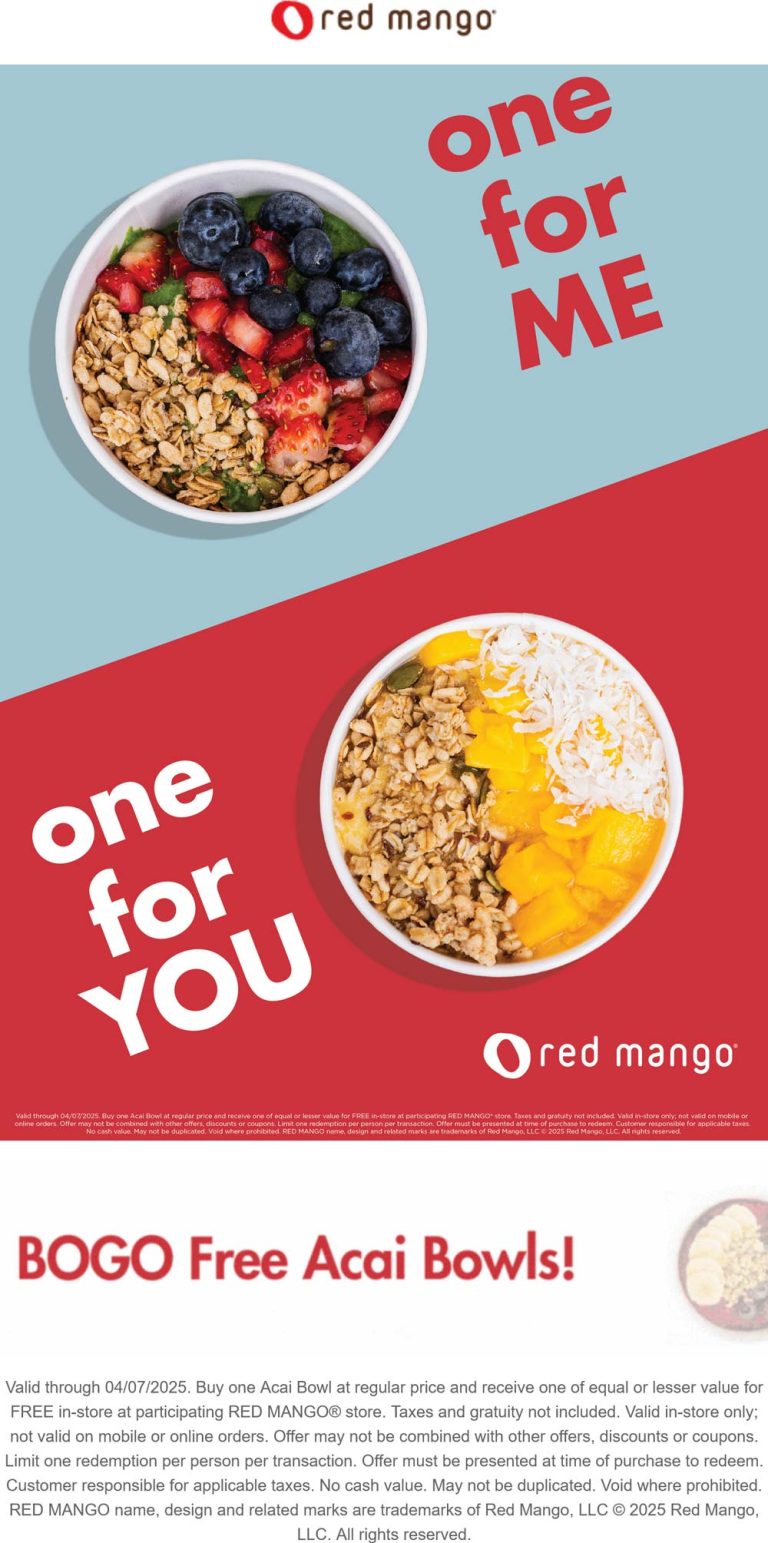 Second Acai Bowl free at Red Mango via promo code BOGOBOWL
