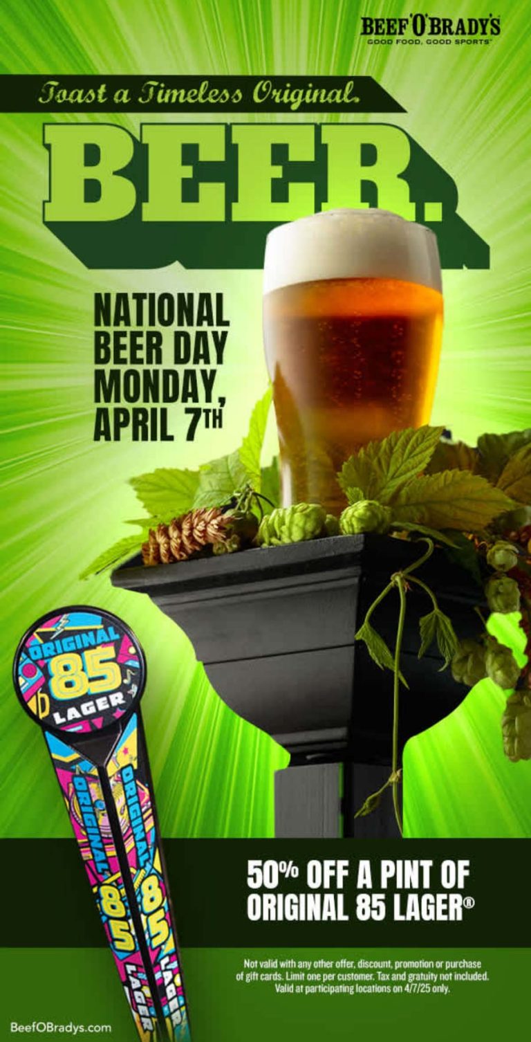 50% off a pint of 85 Lager today at Beef OBradys restaurants