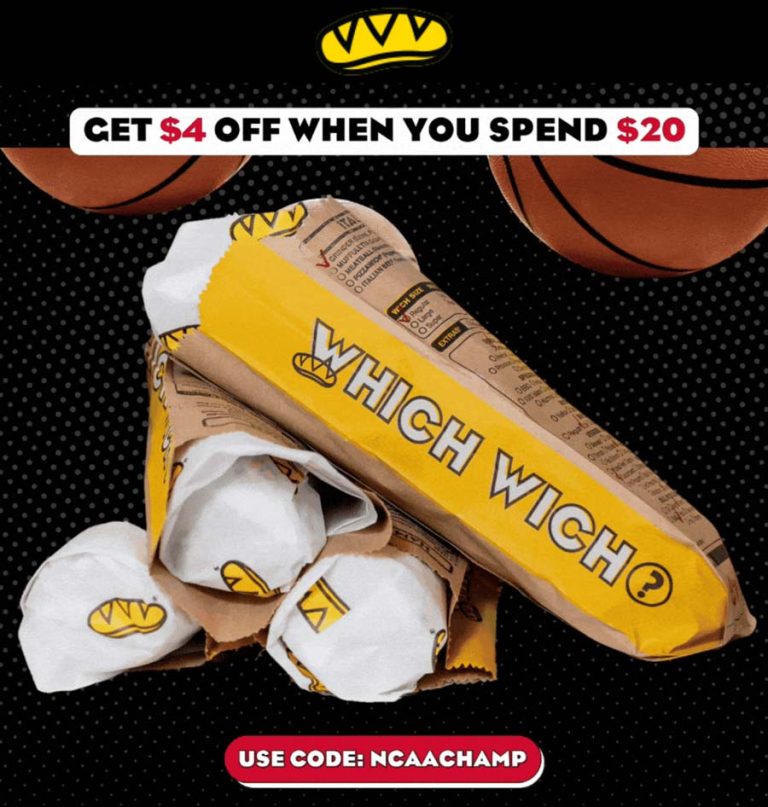 $4 off $20 today at Which Wich sandwich shop via promo code NCAACHAMP