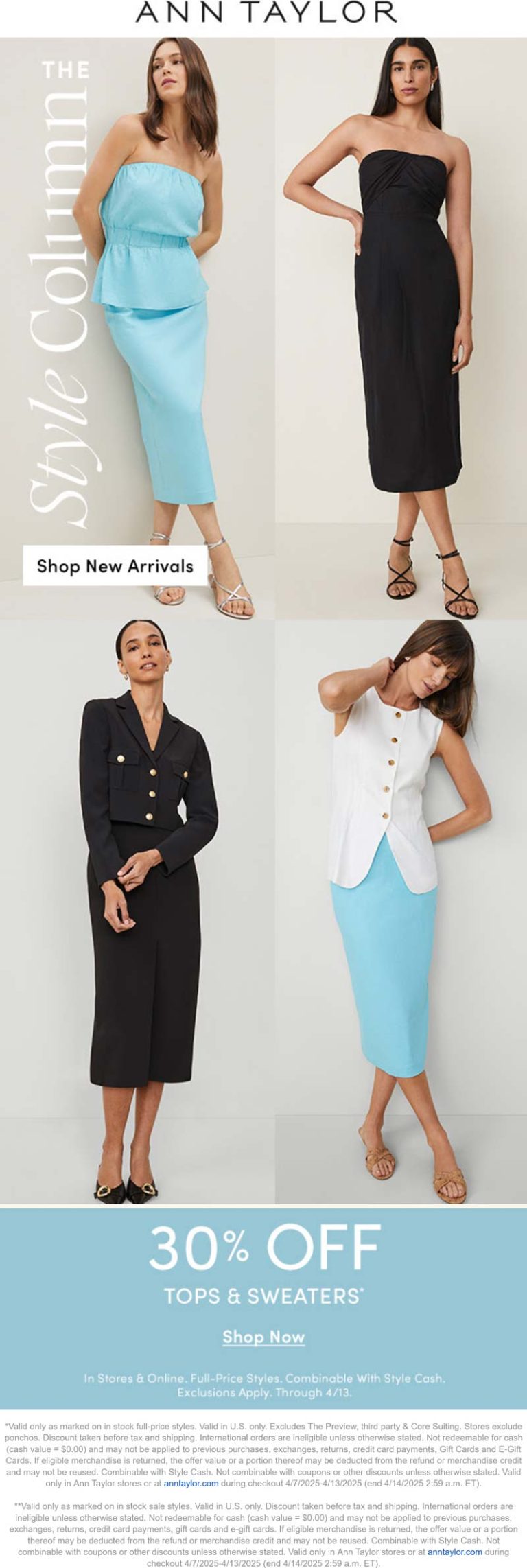 30% off tops at Ann Taylor, ditto online