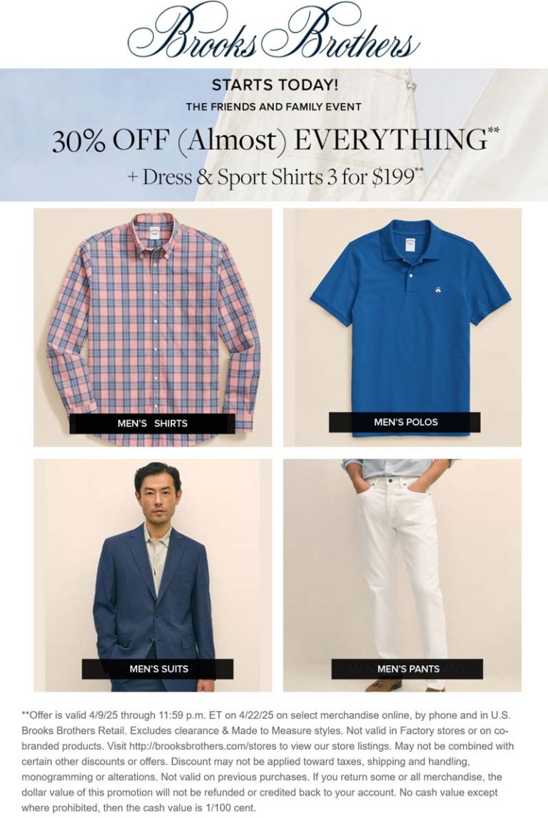 30% off everything at Brooks Brothers, ditto online