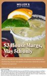 $3 margaritas Monday at Millers Ale House, also $5 off $40 online via promo 5OFFNOW #millersalehouse