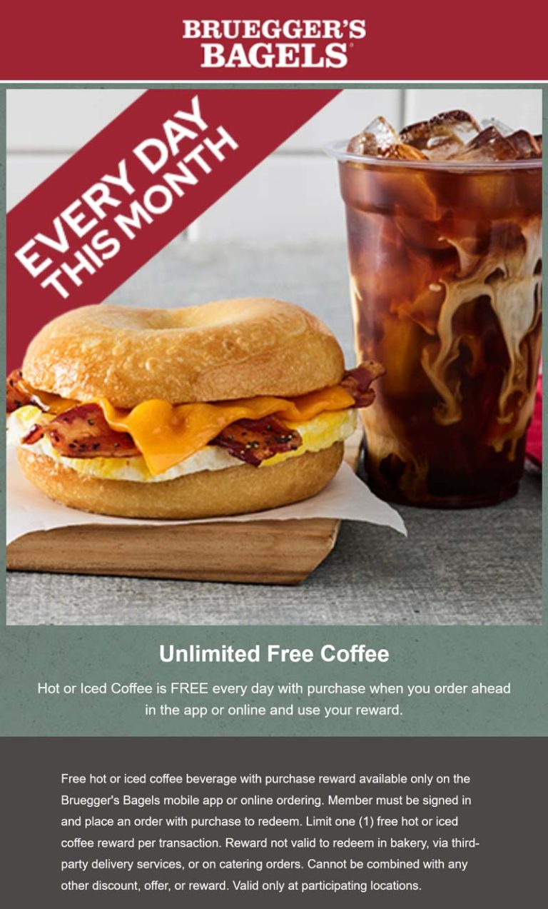 Free coffee daily all month with your online order at Brueggers Bagels