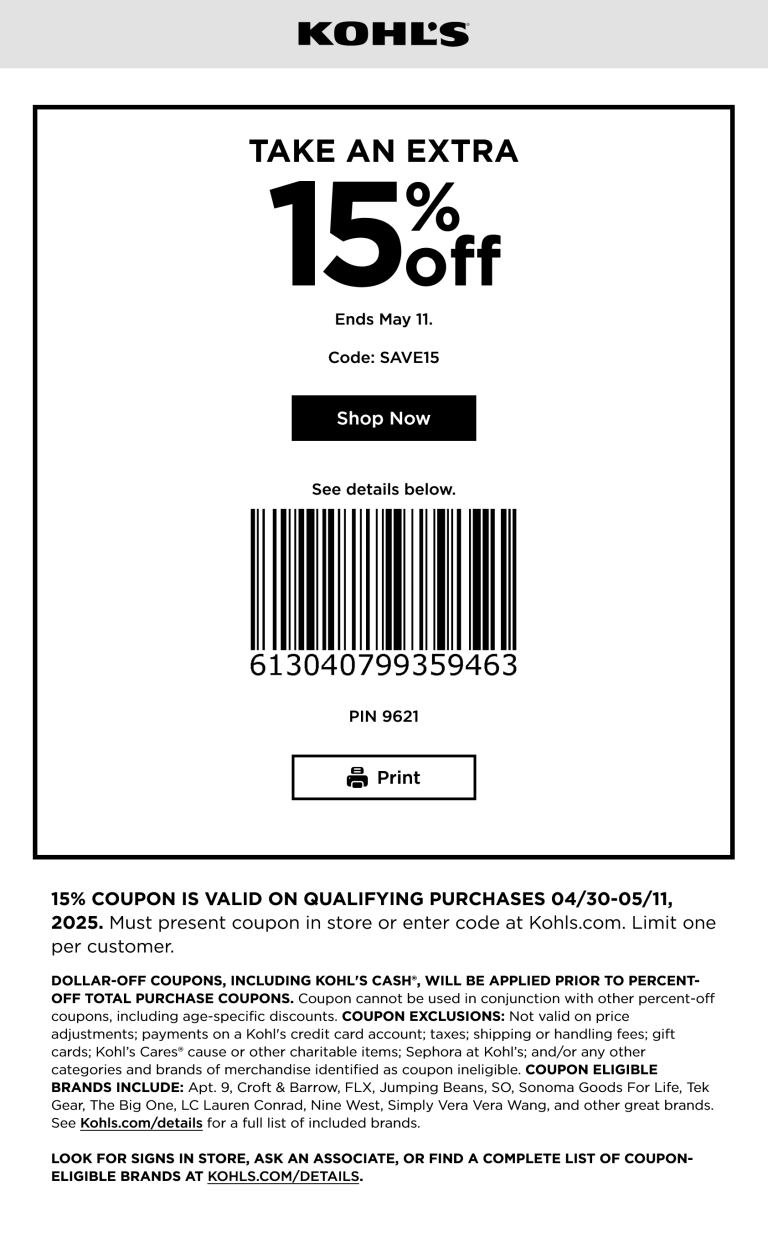 15% off at Kohls, or online via promo code SAVE15