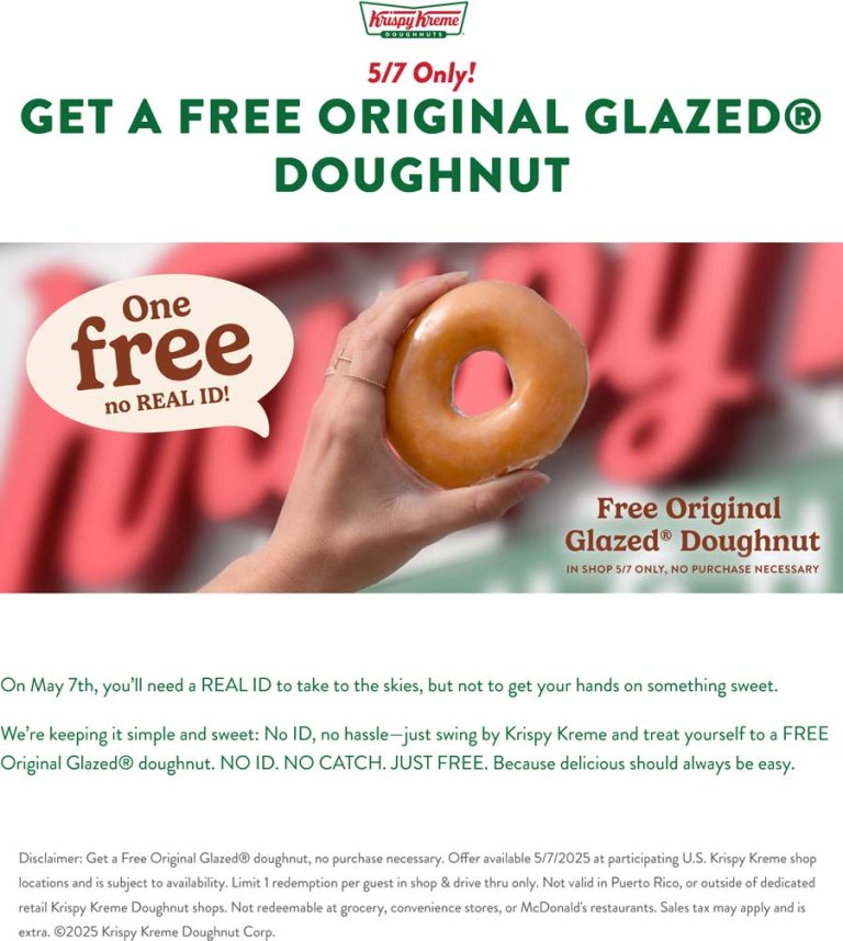 Free glazed doughnut Weds at Krispy Kreme, no purchase necessary
