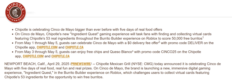 Free chips & queso today at Chipotle via promo code CINCO25