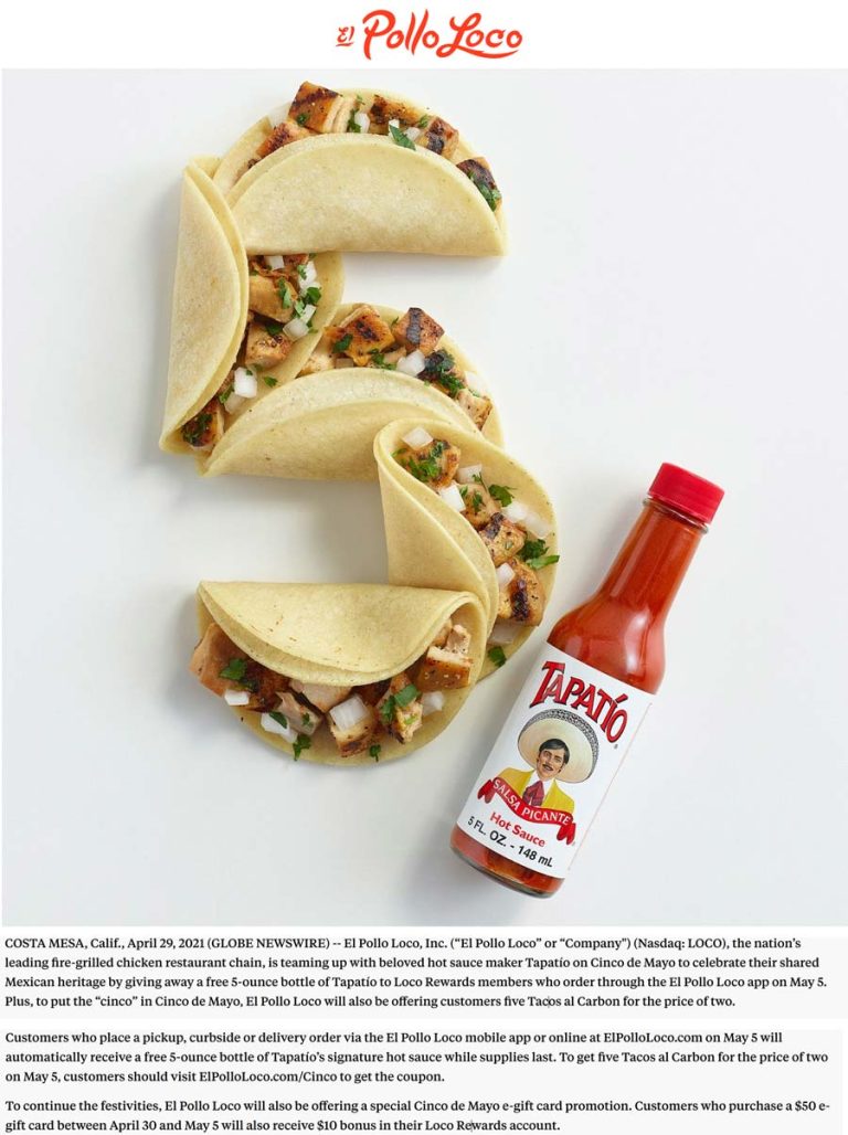 5-for-2 on tacos al carbon + free bottle Tapatio online today at El Pollo Loco