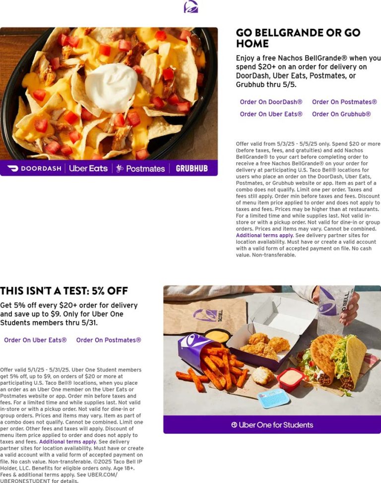 Free Nachos BellGrande on $20+ delivery today at Taco Bell