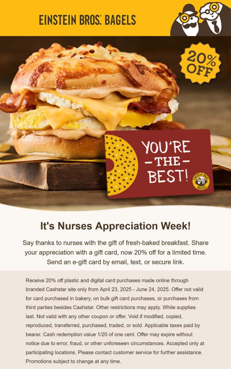 20% off gift cards online at Einstein Bros Bagels