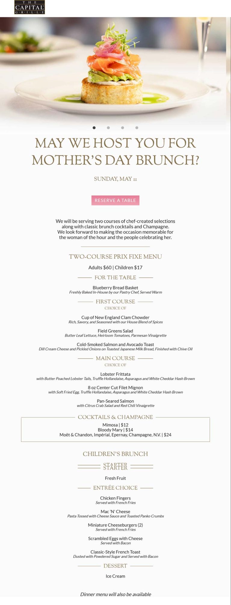 2-course brunch prix fixe menu $60pp today at The Capital Grille