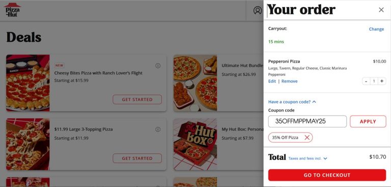 35% off at Pizza Hut via promo code 35OFFMPPMAY25