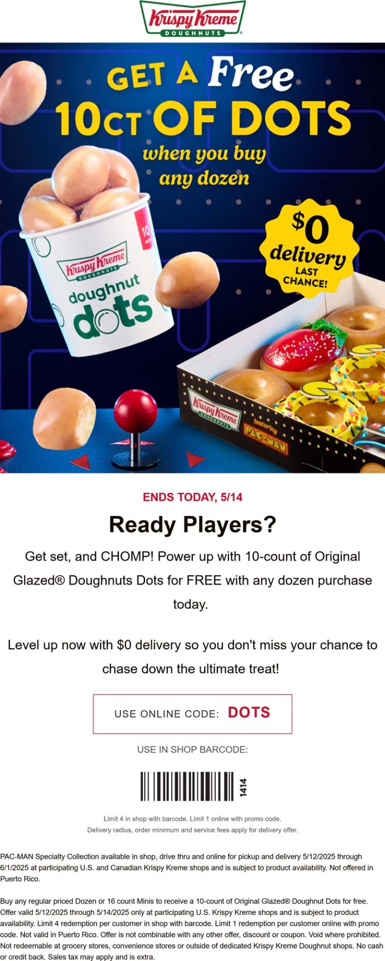 Free 10pc dots with your dozen doughnuts today at Krispy Kreme, or online via promo code DOTS