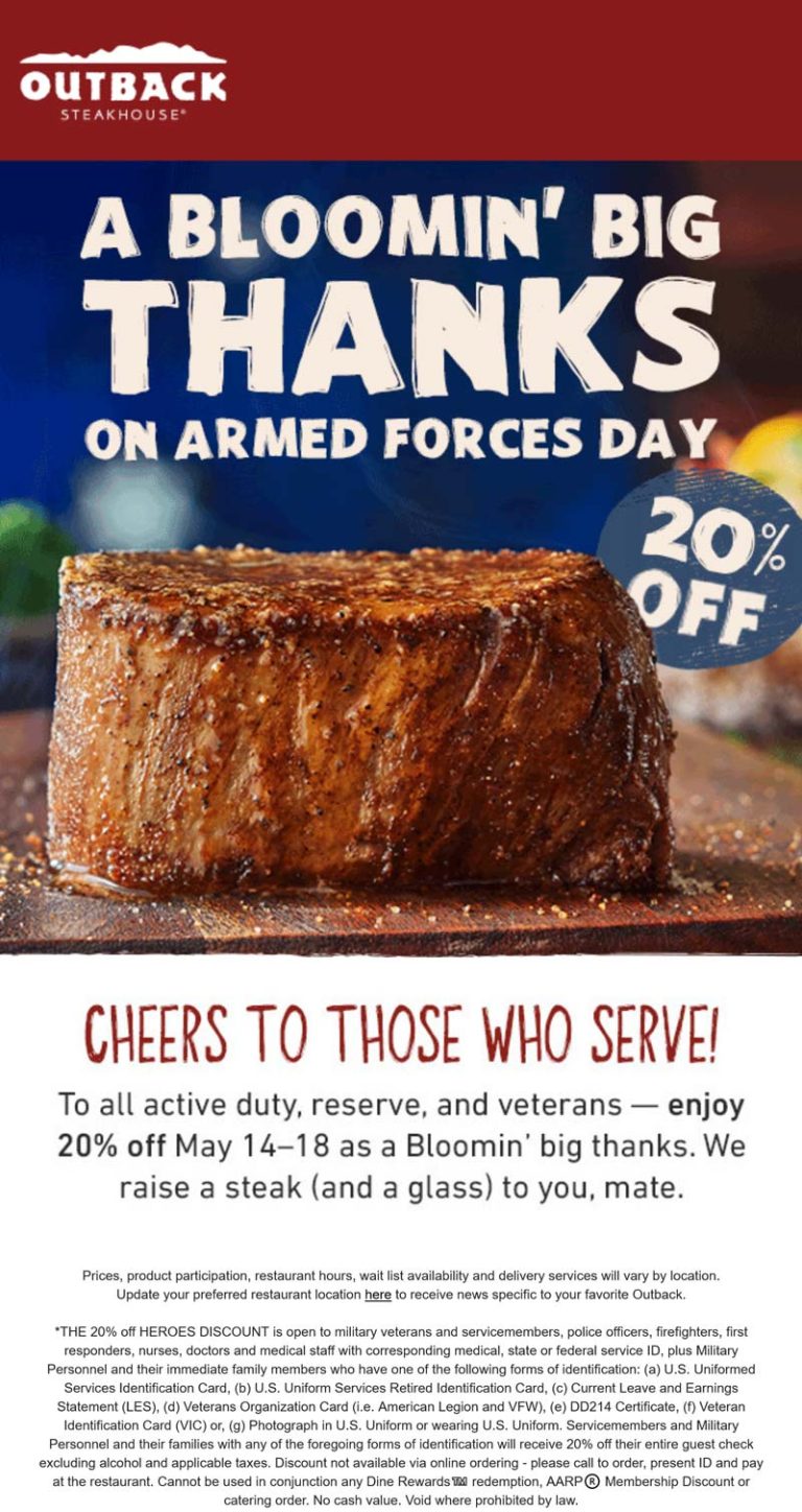 Active reserve and veterans enjoy 20% off at Outback Steakhouse