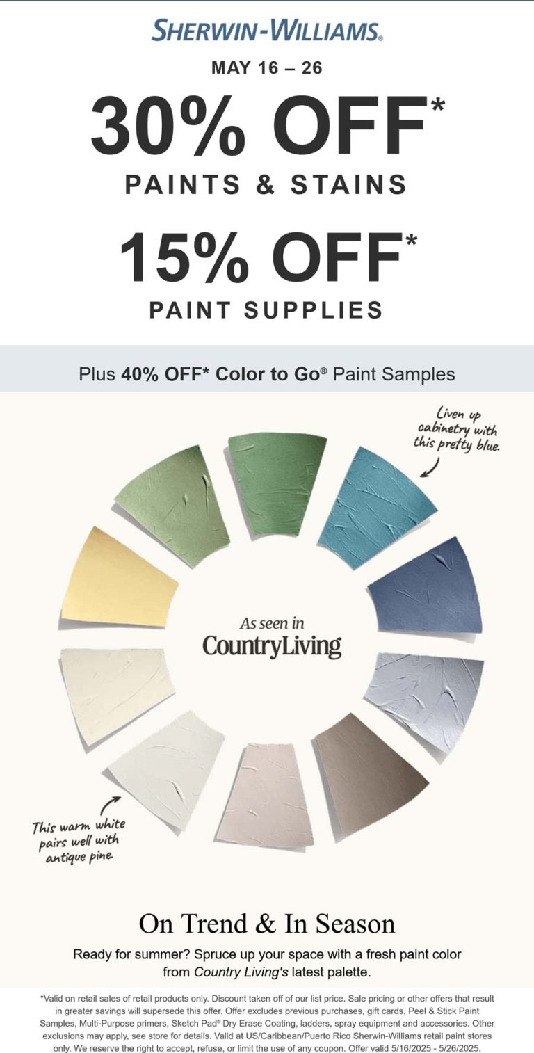 30% off paints & stains at Sherwin Williams