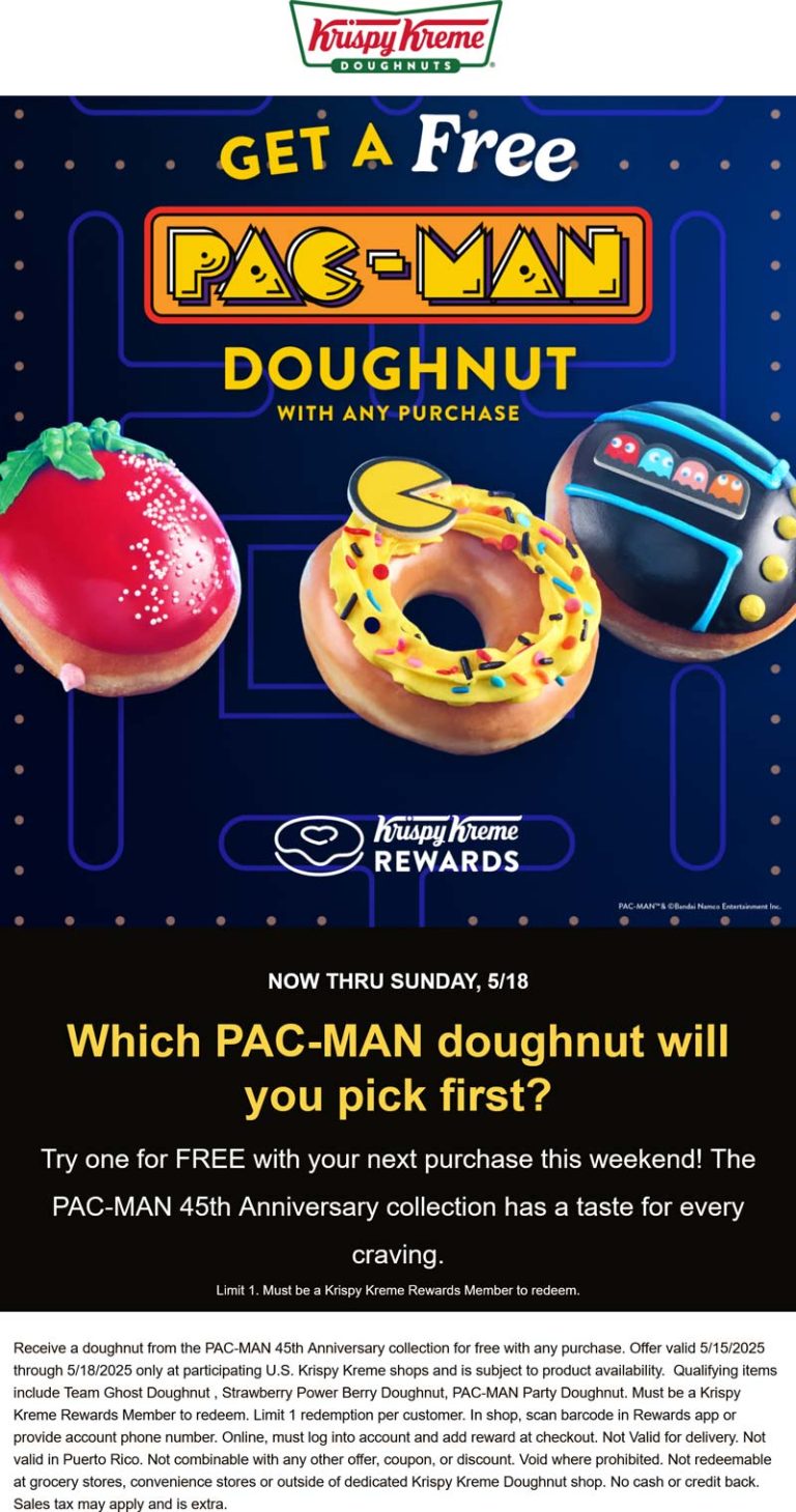 Free pac man doughnut with any order at Krispy Kreme