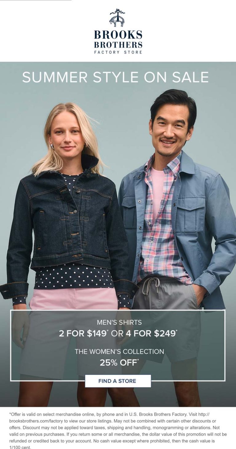 25% off womens & mens shirts 2 for $149 at Brooks Brothers Factory
