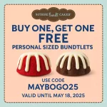 Second bundtlet free at Nothing Bundt Cakes via promo code MAYBOGO25 #nothingbundtcakes