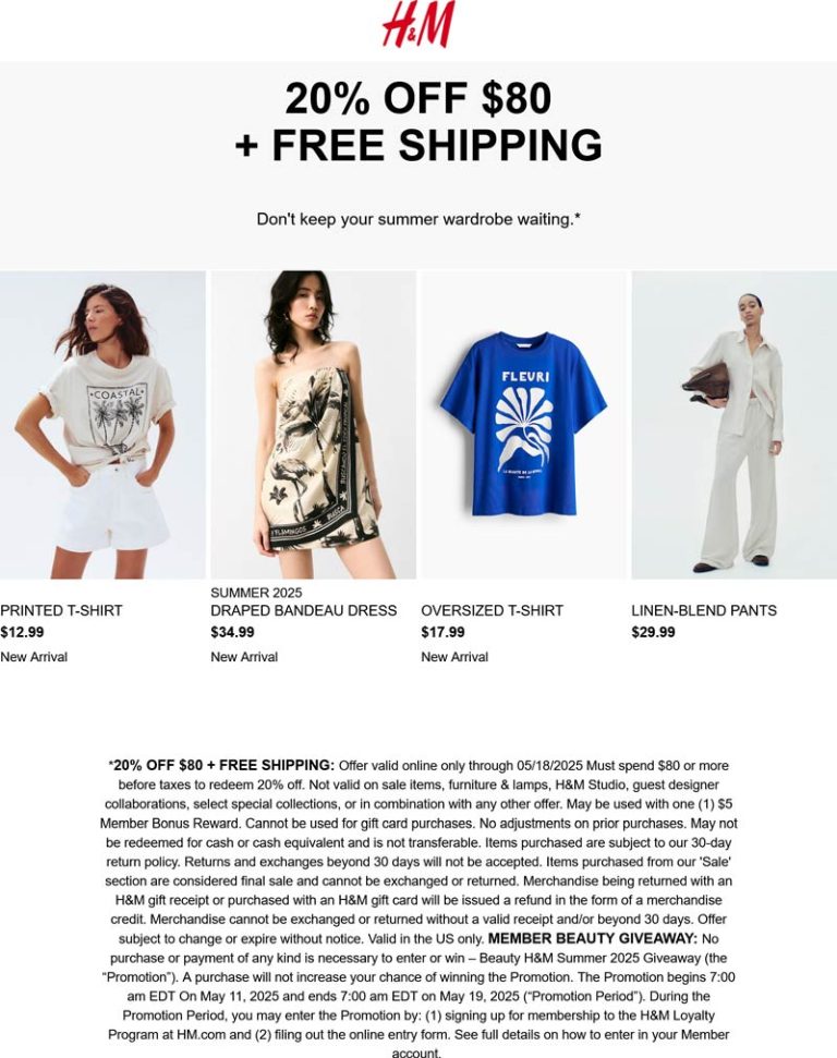 H&M coupon: 20% off $80 today at H&M