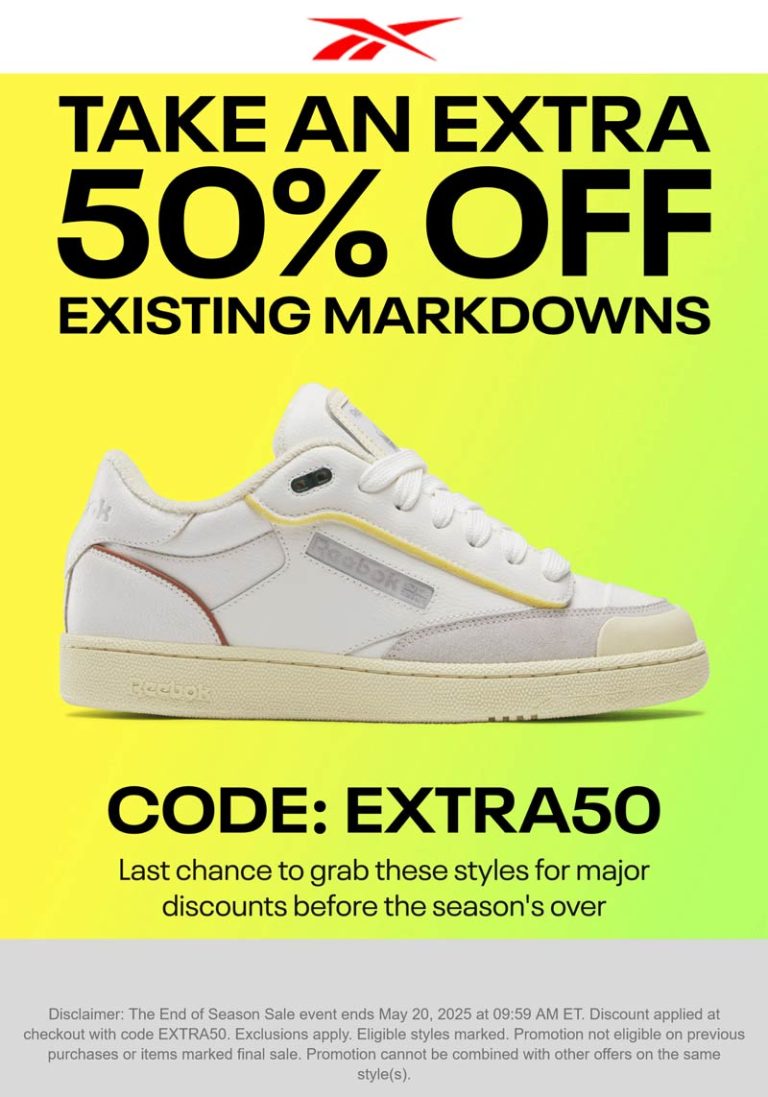 Extra 50% off sale items today at Reebok