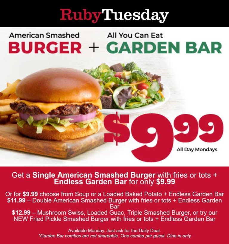 Cheeseburger + fries + bottomless salad bar = $10 today at Ruby Tuesday