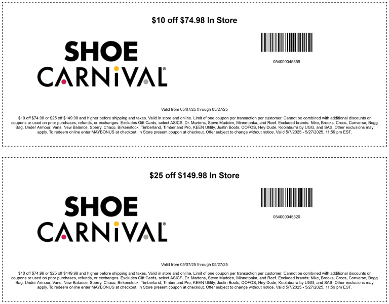 $10-$25 off $75+ at Shoe Carnival
