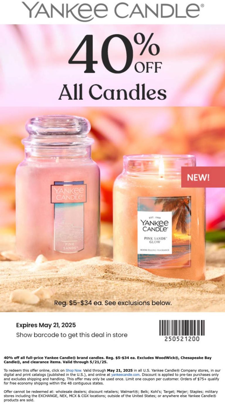 40% off all candles at Yankee Candle, ditto online