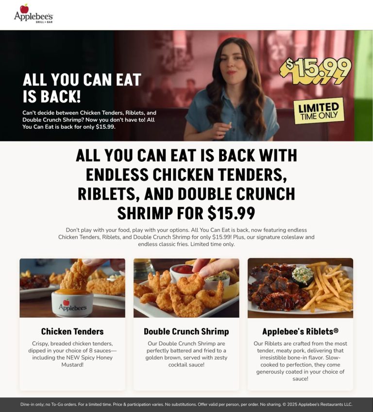 Bottomless chicken tenders, riblets & shrimp = $16 at Applebees