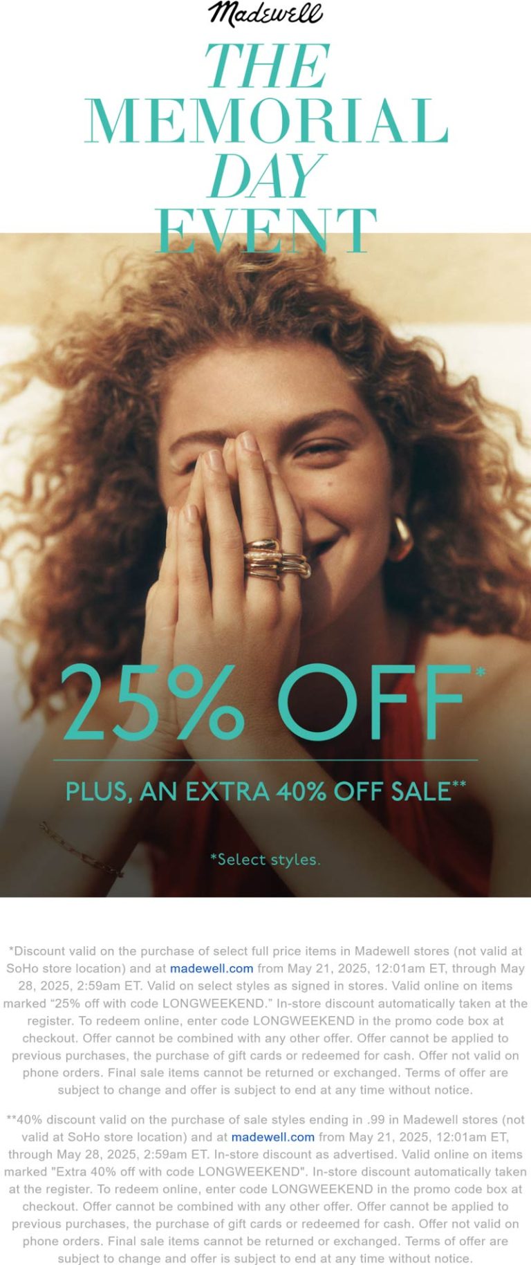 Extra 40% off sale styles & more at Madewell, or online via promo code LONGWEEKEND