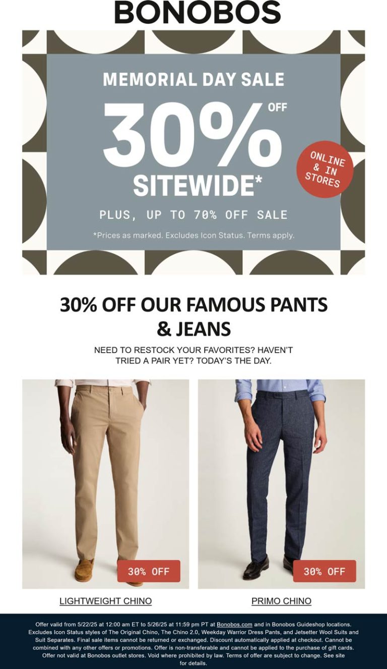 30% off everything at Bonobos, ditto online