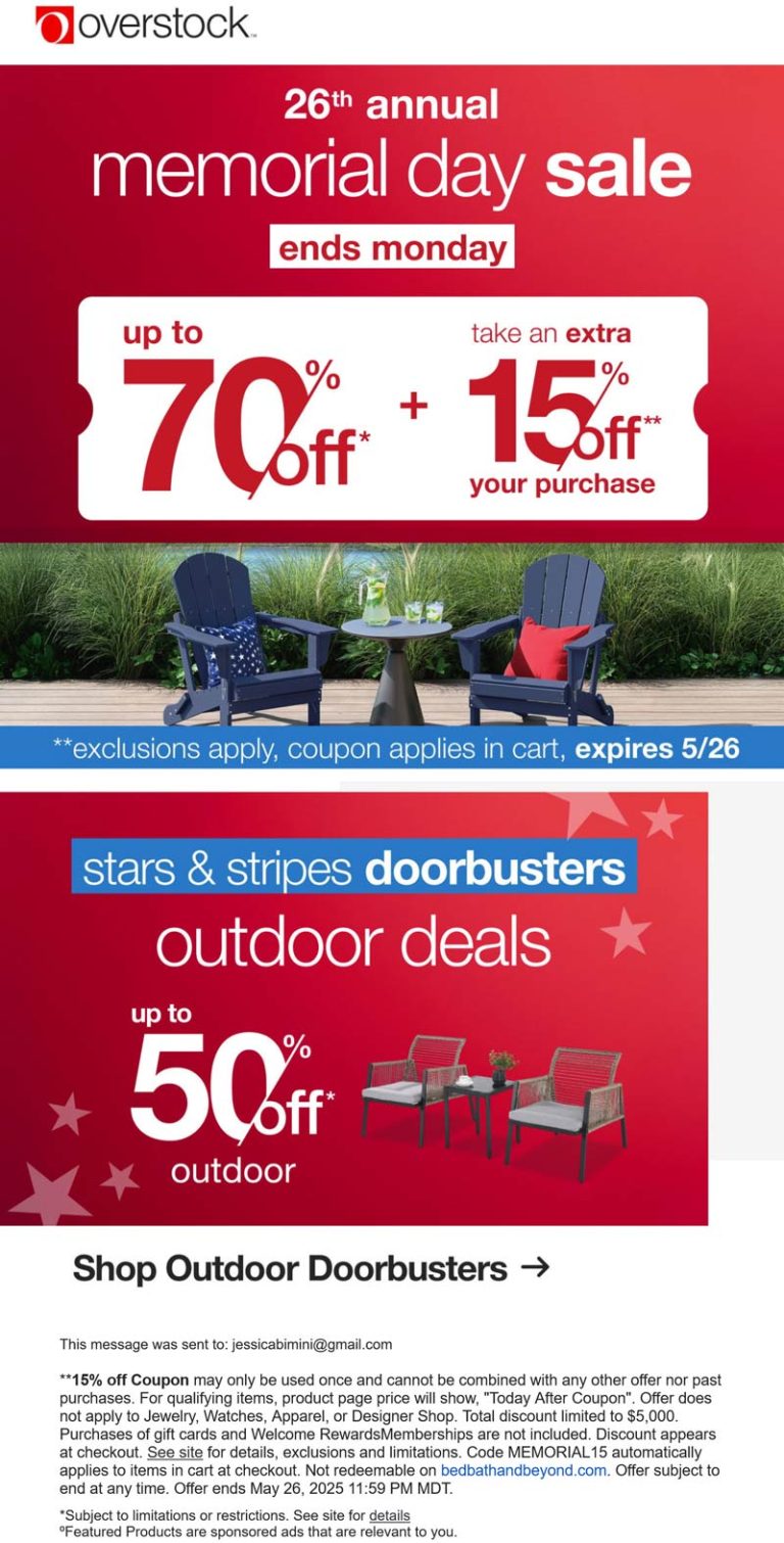 Extra 15% off & more this weekend at Overstock